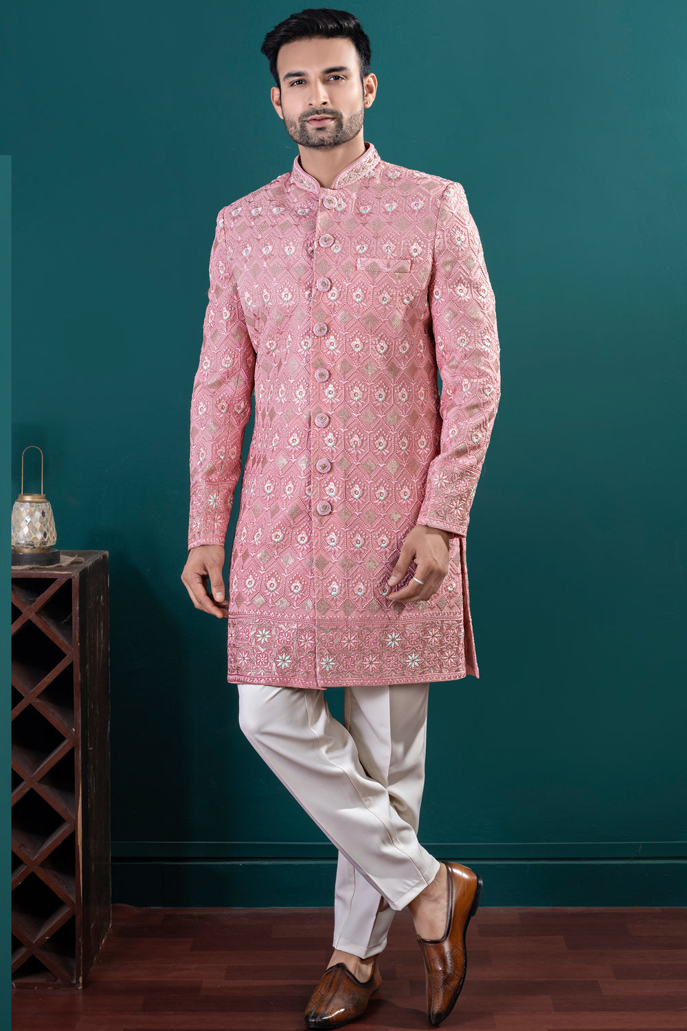 Peach Lucknowi Indo Western (NMK-8452) - Nihal Fashions