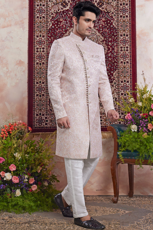 Peach Pink Banarasi Jaquard Indo Western (NMK-8555) - Nihal Fashions
