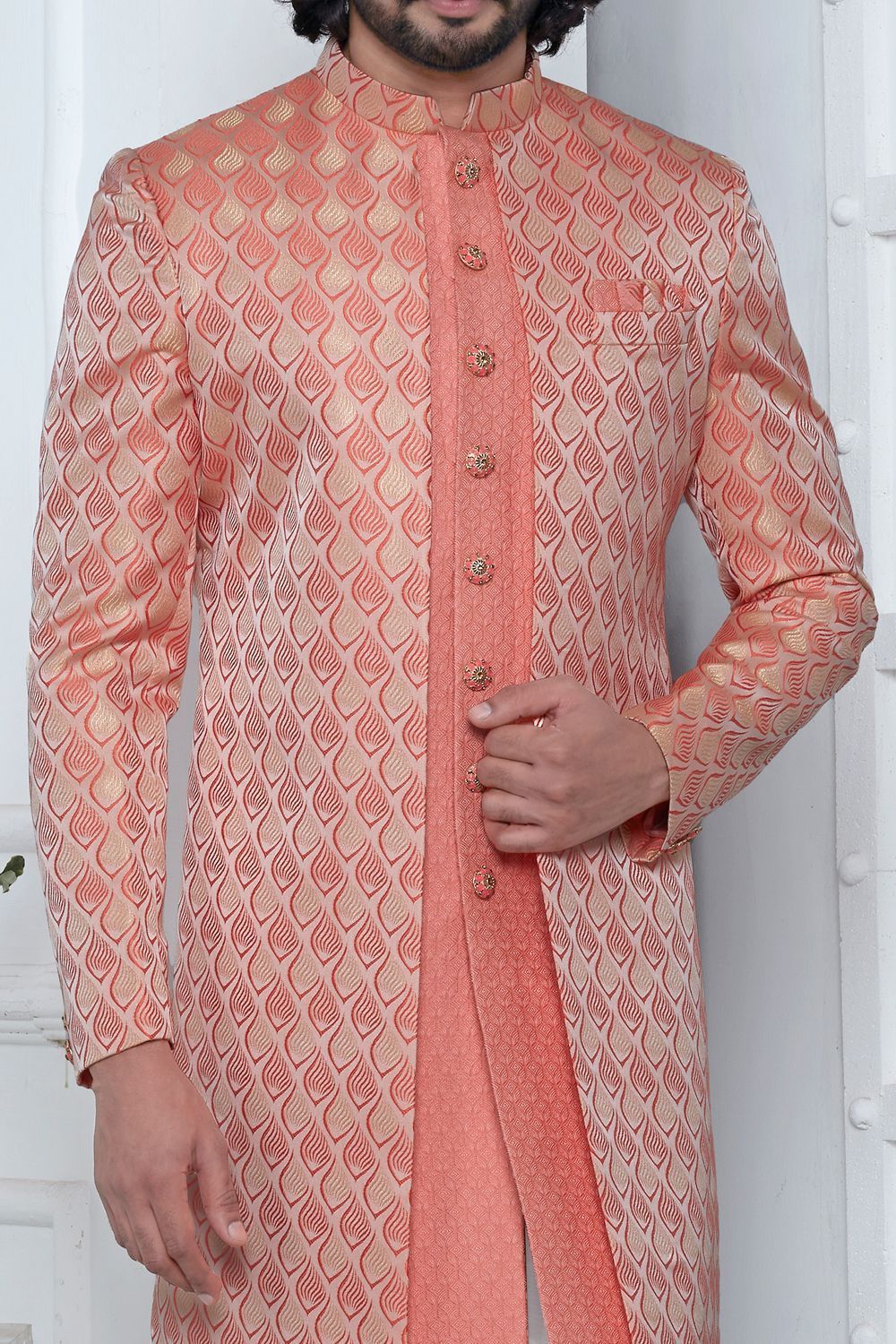 Peach Pink Jaquard Silk Indo Western (NMK-7172) - Nihal Fashions