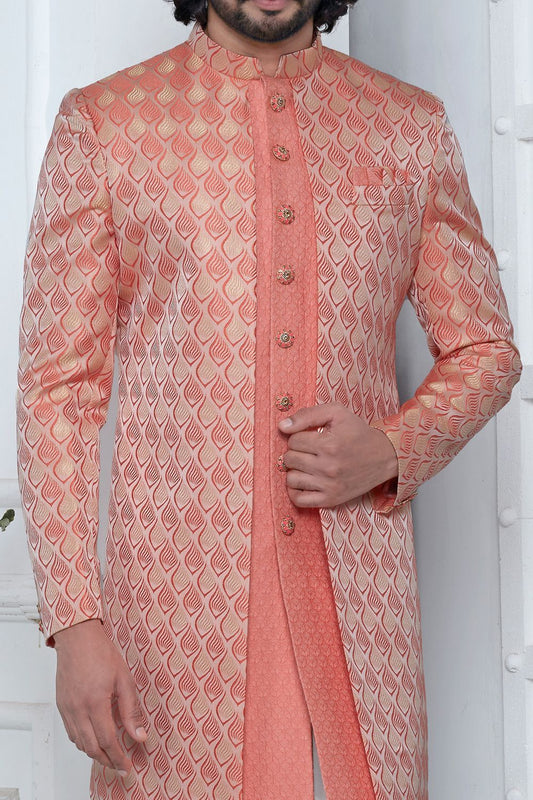 Peach Pink Jaquard Silk Indo Western (NMK-7172) - Nihal Fashions