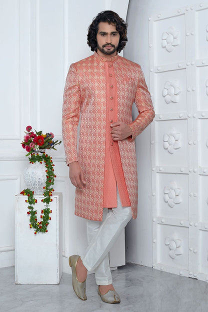 Peach Pink Jaquard Silk Indo Western (NMK-7172) - Nihal Fashions