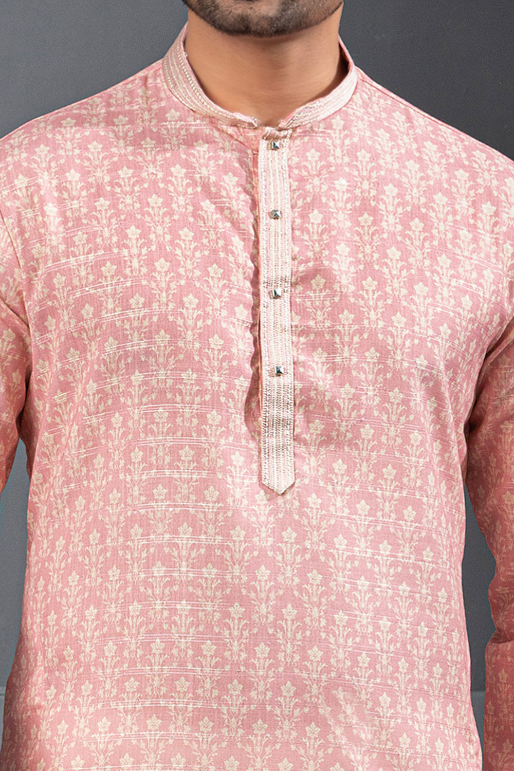 Peachish Pink Printed Cotton Silk Kurta Pajama (NMK-8748) - Nihal Fashions