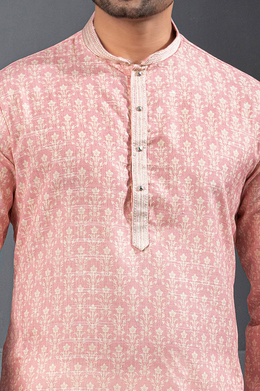 Peachish Pink Printed Cotton Silk Kurta Pajama (NMK-8748) - Nihal Fashions