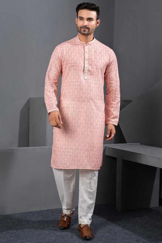 Peachish Pink Printed Cotton Silk Kurta Pajama (NMK-8748) - Nihal Fashions