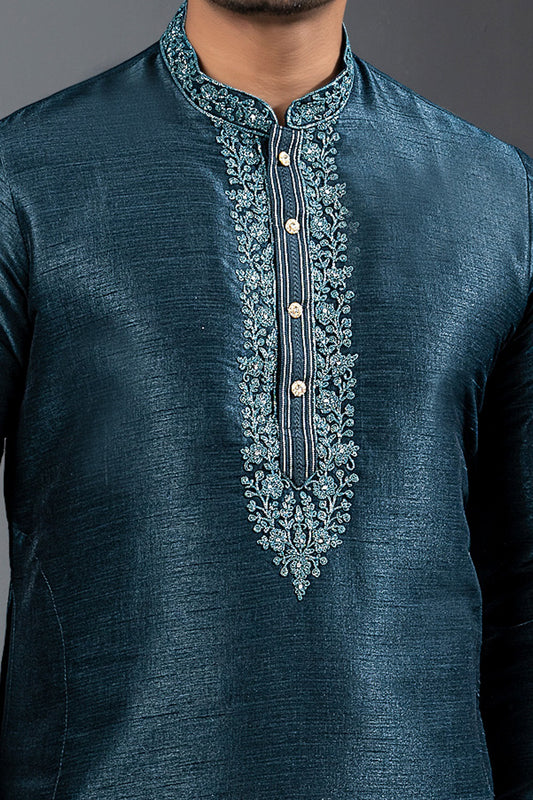 Peacock Blue Banglori Silk Kurta Pajama (NMK-8721) - Nihal Fashions