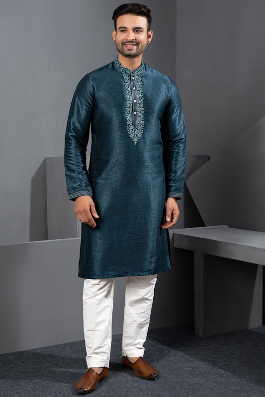 Peacock Blue Banglori Silk Kurta Pajama (NMK-8721) - Nihal Fashions