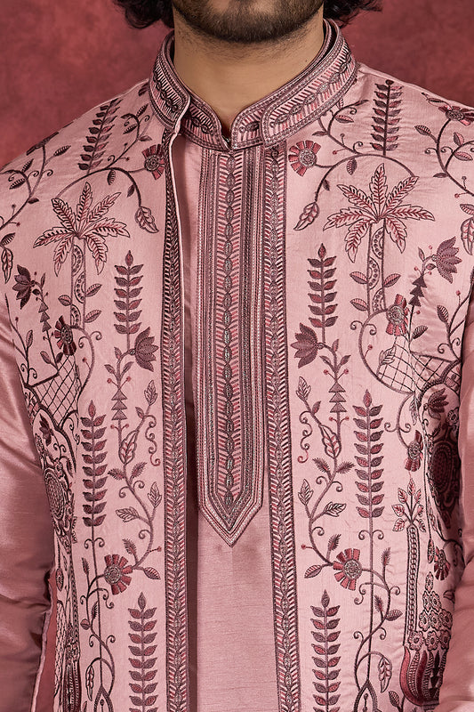 Pink Art Banarasi Silk 3 piece Long Kurta Jacket (NMK-8699) - Nihal Fashions