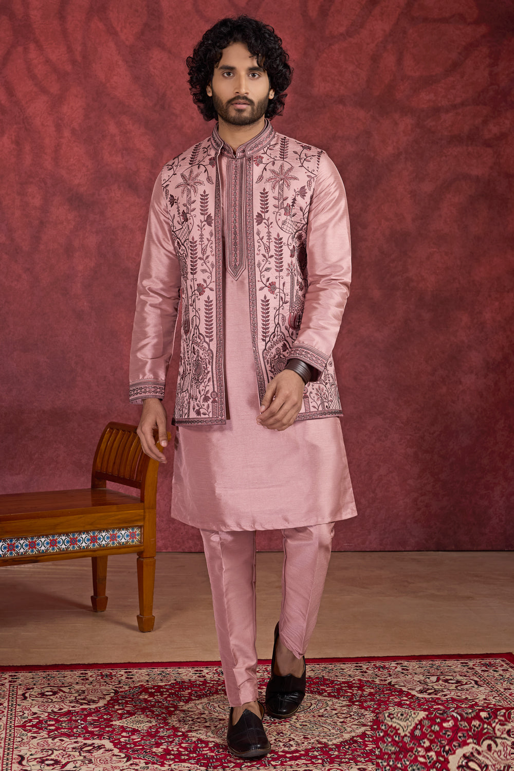 Pink Art Banarasi Silk 3 piece Long Kurta Jacket (NMK-8699) - Nihal Fashions
