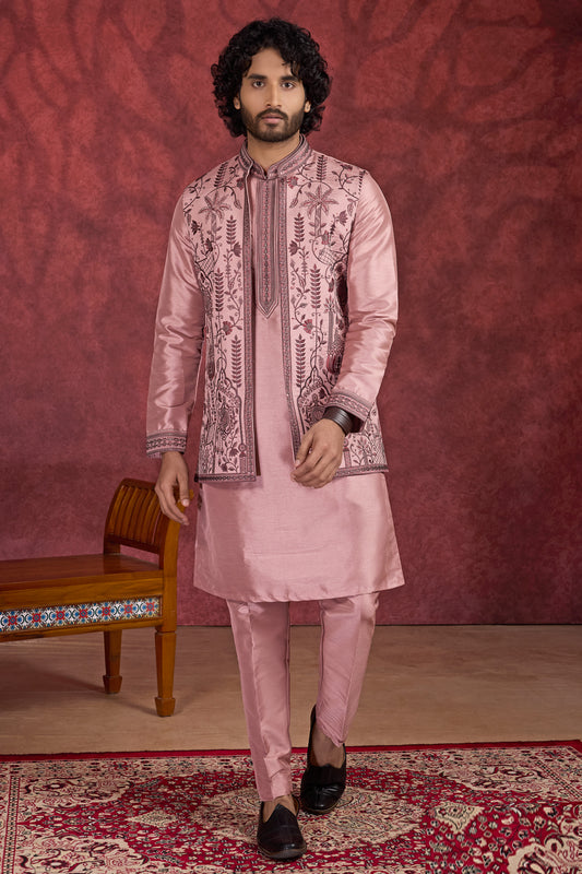 Pink Art Banarasi Silk 3 piece Long Kurta Jacket (NMK-8699) - Nihal Fashions
