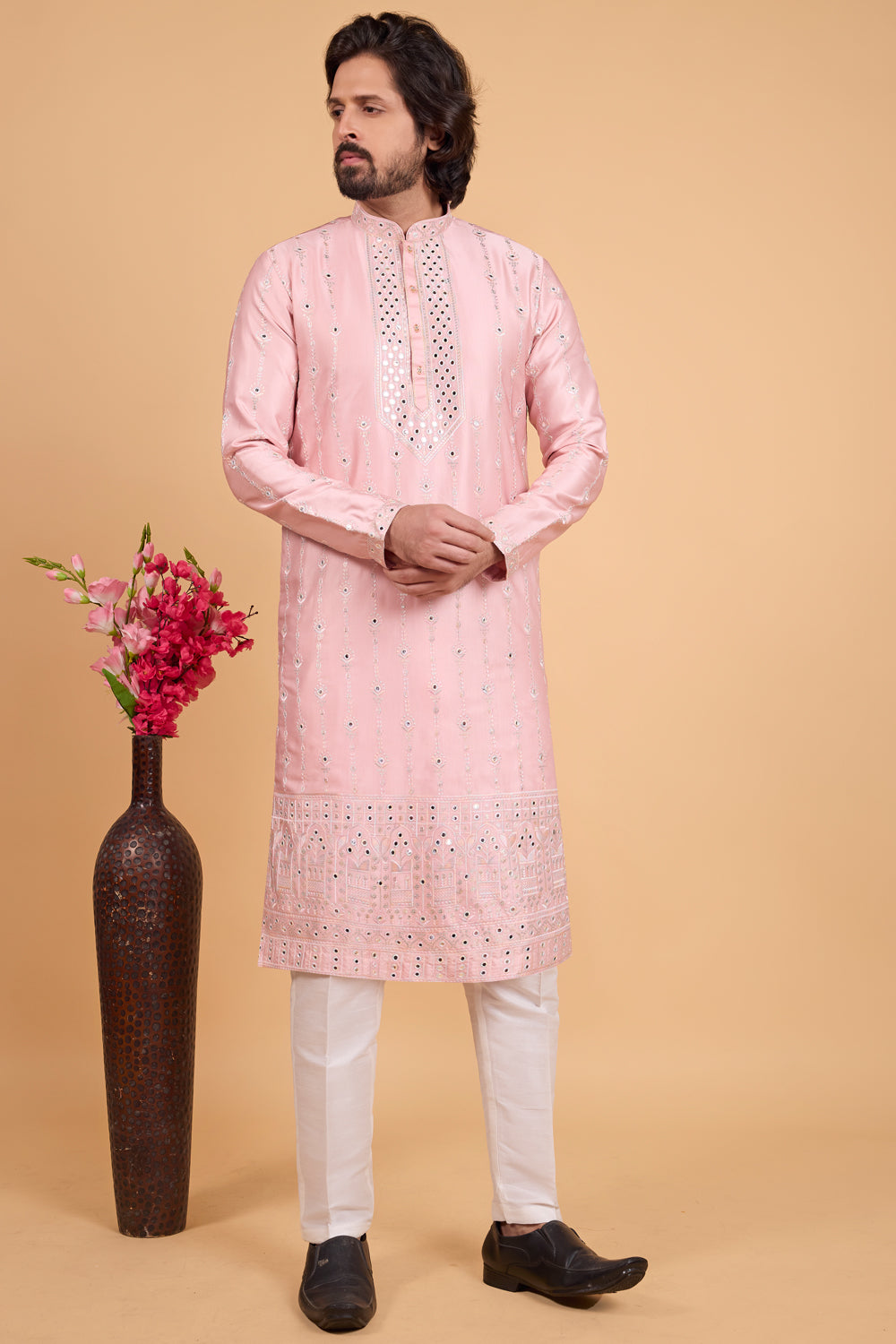 Pink Art Banarasi Silk Kurta Pajama (NMK-8700) - Nihal Fashions
