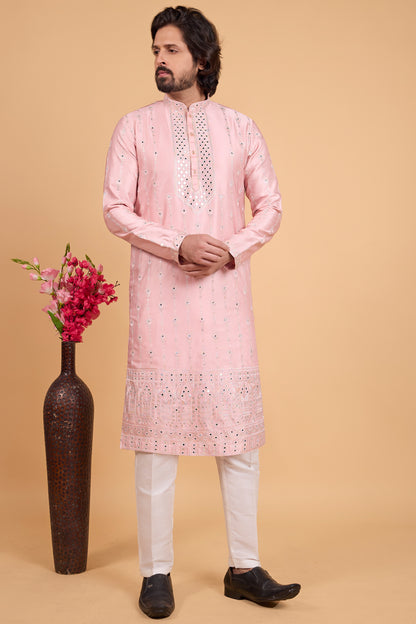 Pink Art Banarasi Silk Kurta Pajama (NMK-8700) - Nihal Fashions