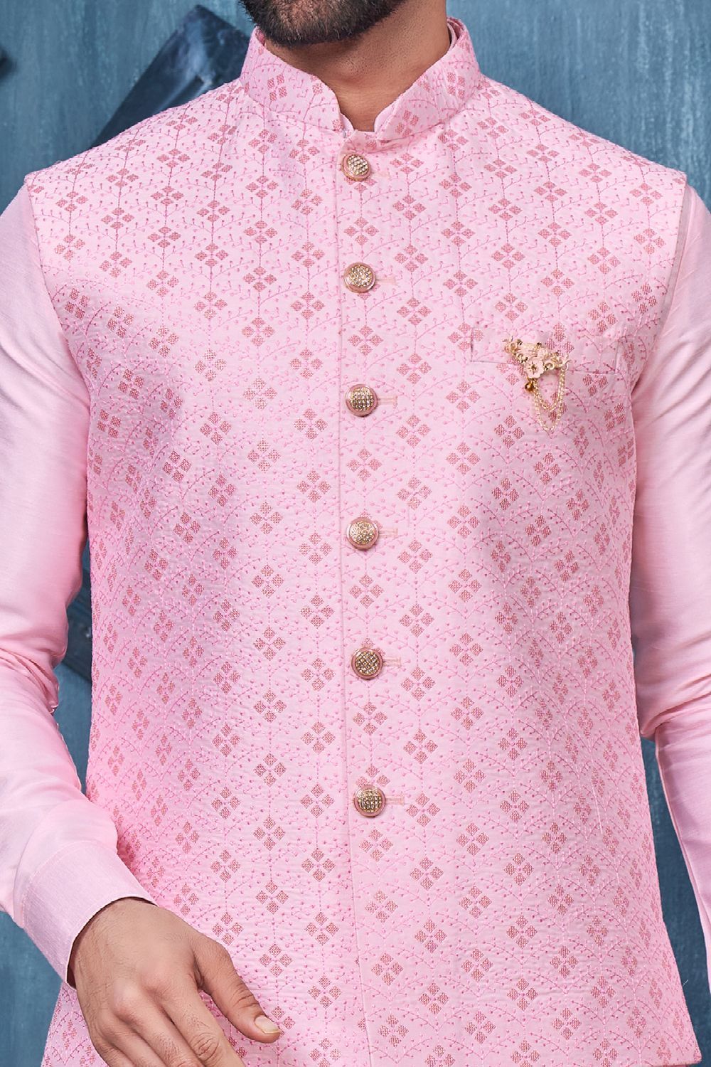 Pink Art Banarasi Silk Nehru Jacket (NMK-7382) - Nihal Fashions