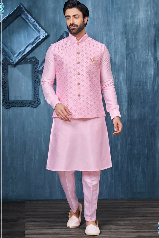 Pink Art Banarasi Silk Nehru Jacket (NMK-7382) - Nihal Fashions