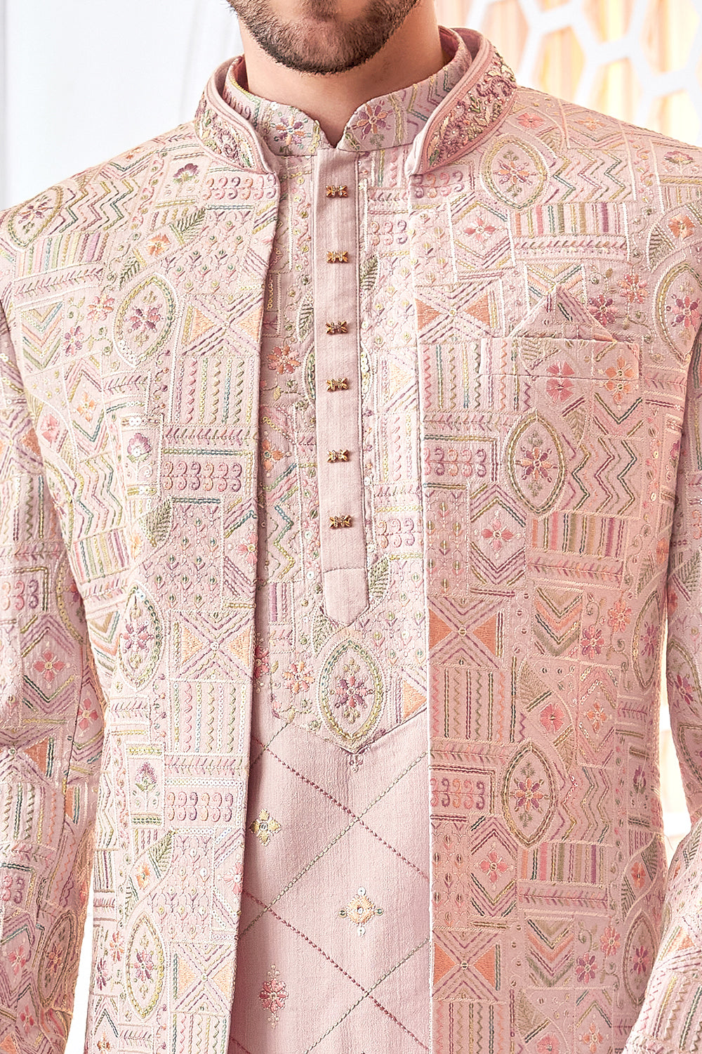 Pink Art Embroidered Silk Mens Indo Western (NMK-8545) - Nihal Fashions