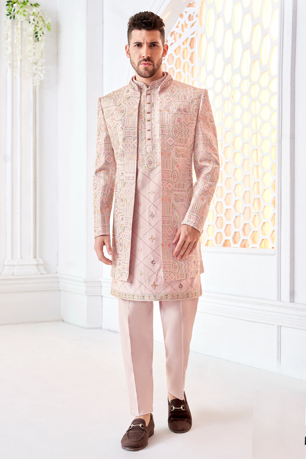 Pink Art Embroidered Silk Mens Indo Western (NMK-8545) - Nihal Fashions