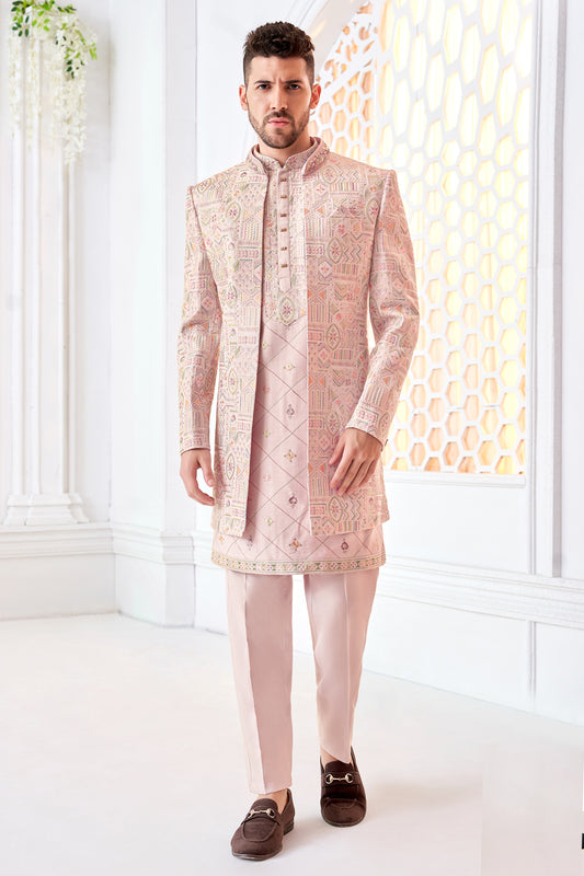 Pink Art Embroidered Silk Mens Indo Western (NMK-8545) - Nihal Fashions