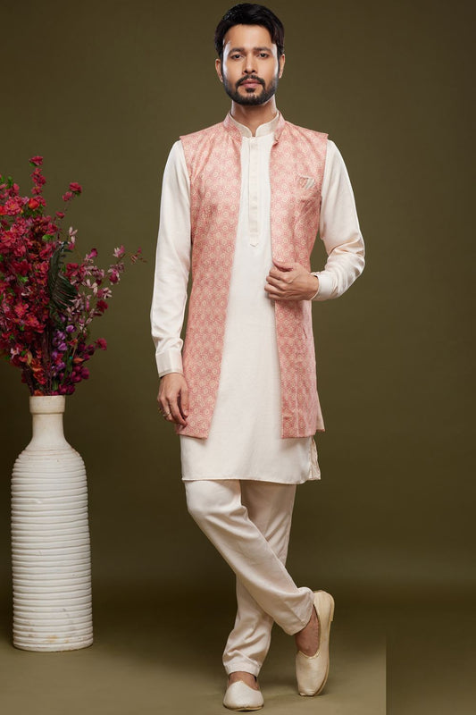Pink Art Silk Digital Printed Jacket Kurta (NMK-7090) - Nihal Fashions