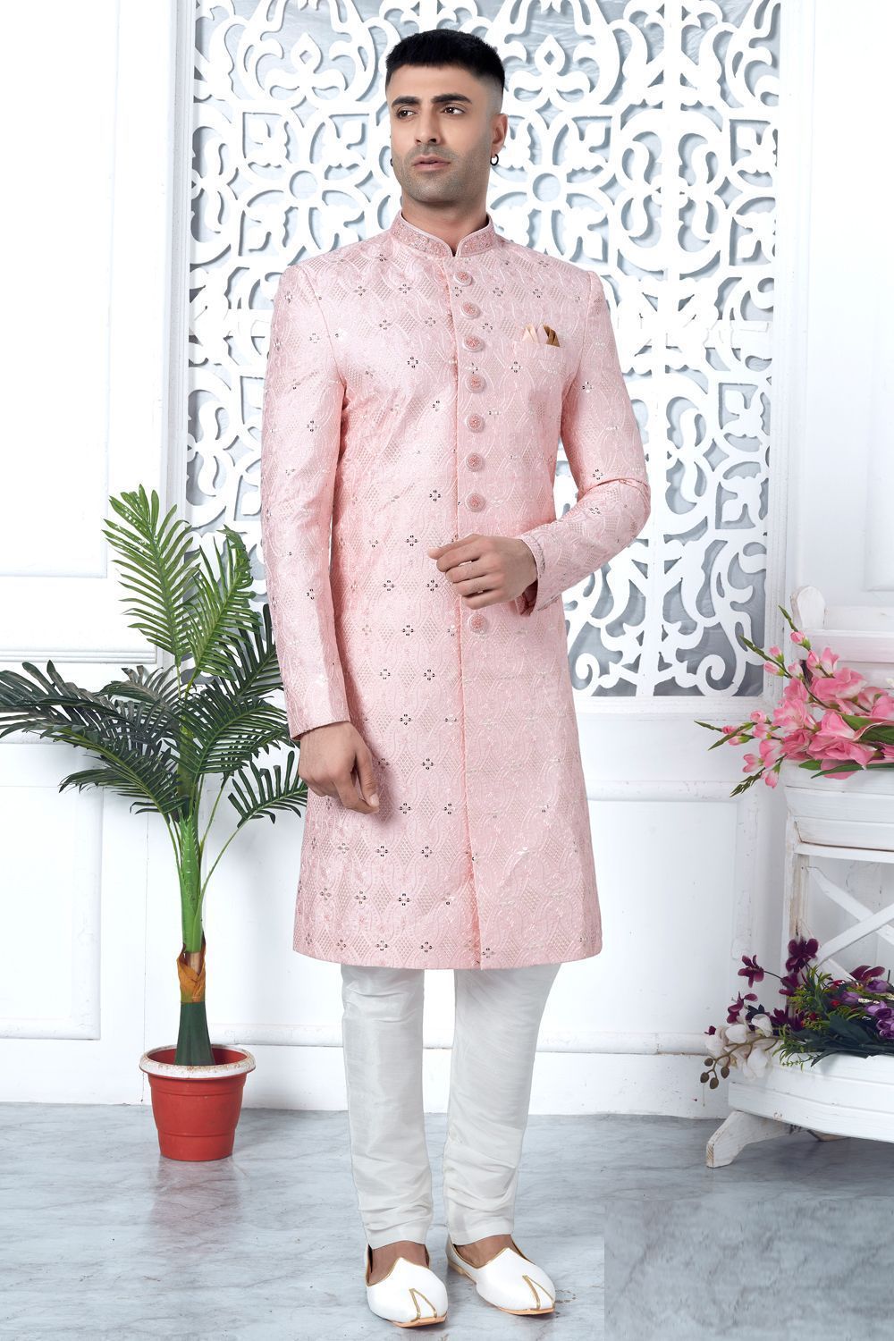 Pink Art Silk Mens Indo Western (NMK-7692) - Nihal Fashions