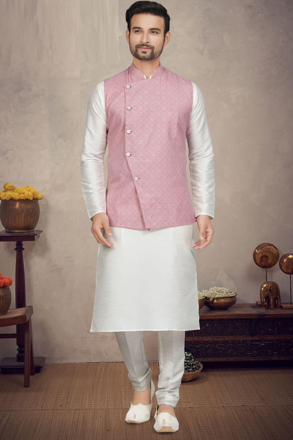 Pink Art Silk Mens Nehru Jacket (NMK-6960) - Nihal Fashions