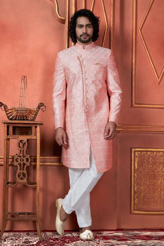 Pink Art Silk Mens Sherwani (NMK-7733) - Nihal Fashions