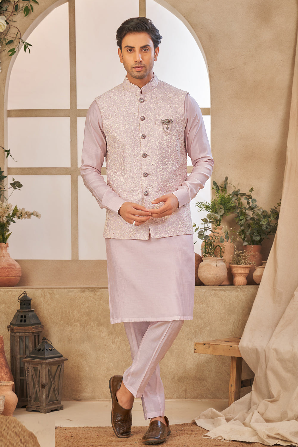 Pink Art Silk Nehru Jacket for Men (NMK-8014) - Nihal Fashions