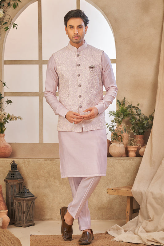Pink Art Silk Nehru Jacket for Men (NMK-8014) - Nihal Fashions