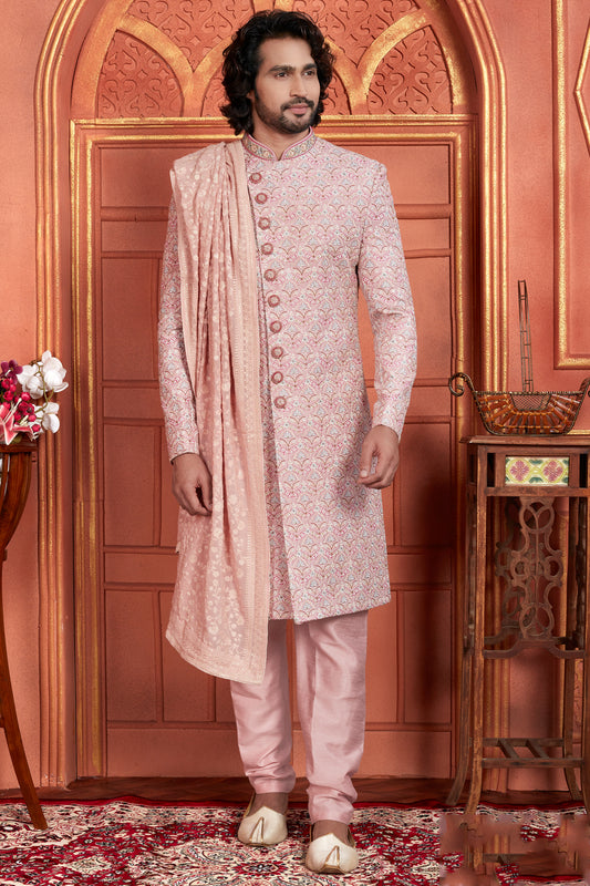 Pink Art Silk Sherwani for Men (NMK-7886) - Nihal Fashions