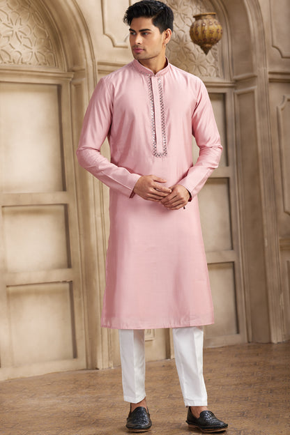 Pink Banarasi Art Silk Mens Kurta Pajama (NMK-8483) - Nihal Fashions
