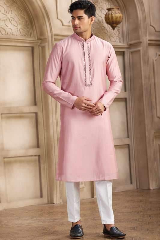 Pink Banarasi Art Silk Mens Kurta Pajama (NMK-8483) - Nihal Fashions