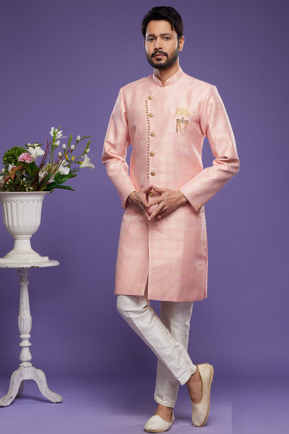 Pink Banarasi Jaquard Indo Western for Men (NMK-7001) - Nihal Fashions