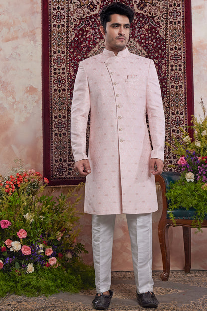 Pink Banarasi Jaquard Mens Indo Western (NMK-8557) - Nihal Fashions