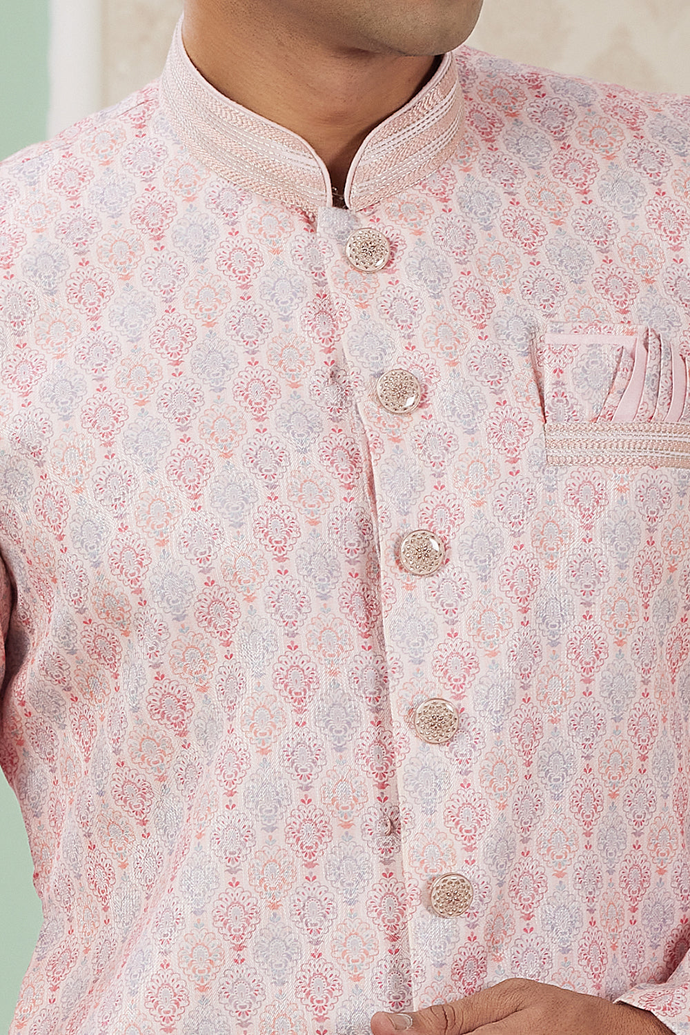 Pink Banarasi Jaquard Mens Indo Western (NMK-8588) - Nihal Fashions