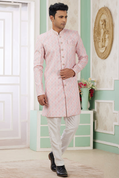 Pink Banarasi Jaquard Mens Indo Western (NMK-8588) - Nihal Fashions
