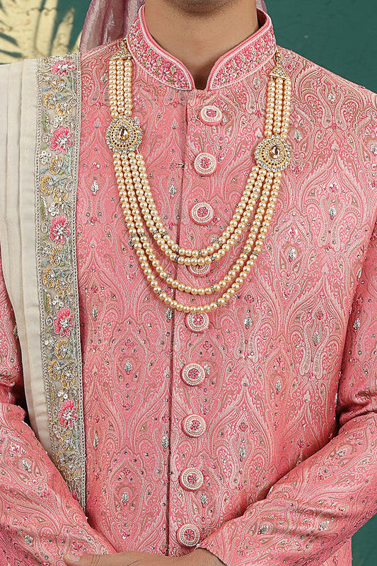 Pink Banarasi Jaquard Sherwani (NMK-8610) - Nihal Fashions