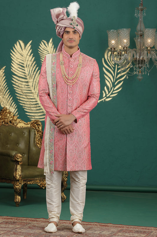 Pink Banarasi Jaquard Sherwani (NMK-8610) - Nihal Fashions