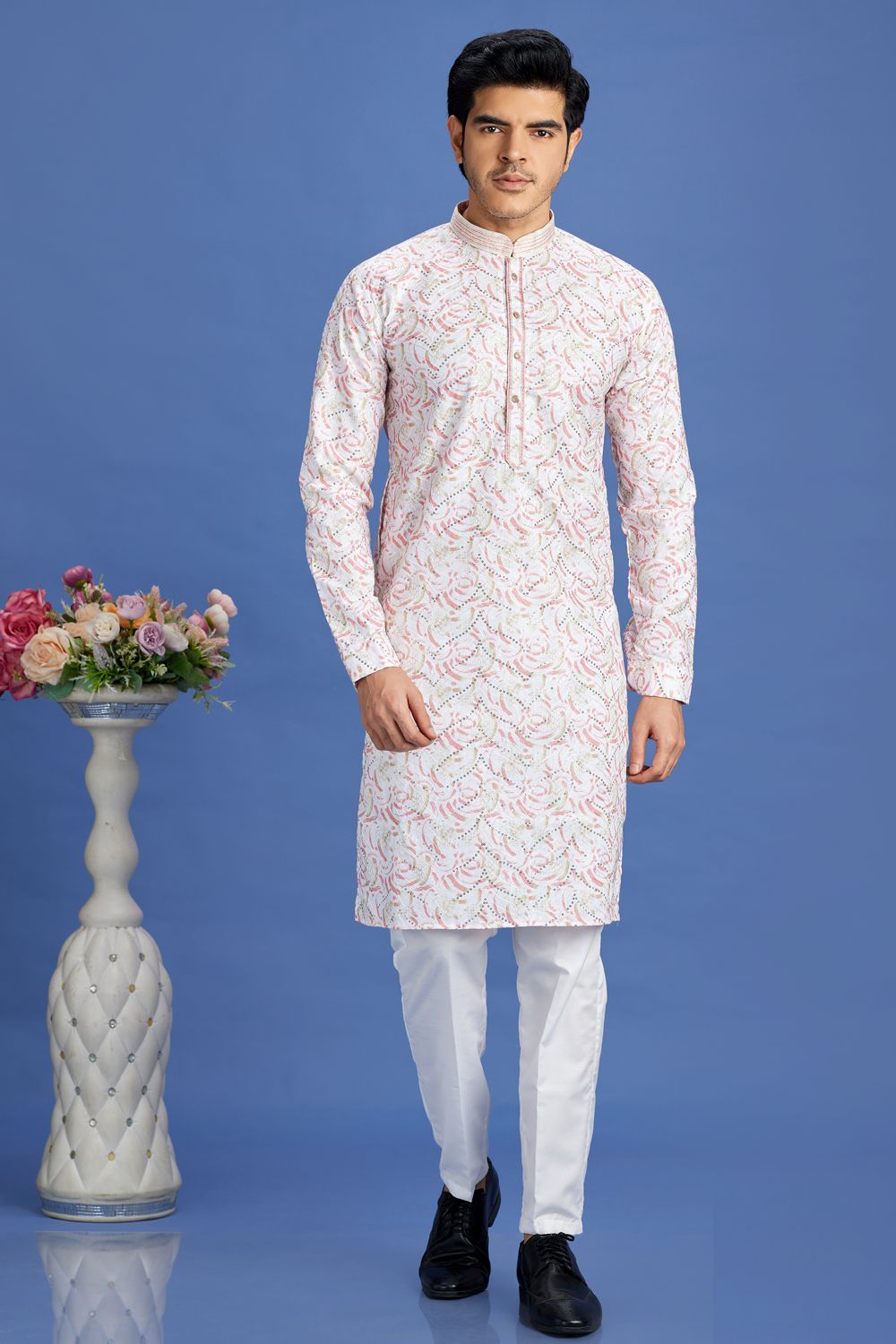 Pink Cotton Embroidered Kurta Pajama (NMK-7523) - Nihal Fashions