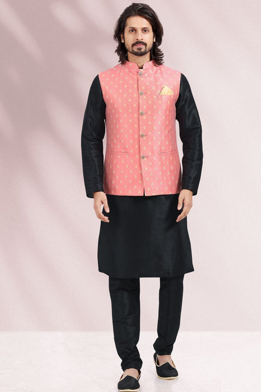 Pink Jaquard Banarasi Silk Nehru Jacket (NMK-6684) - Nihal Fashions