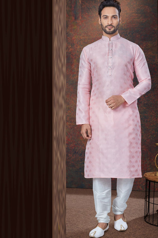 Pink Jaquard Kurta Pajama (NMK-7829) - Nihal Fashions