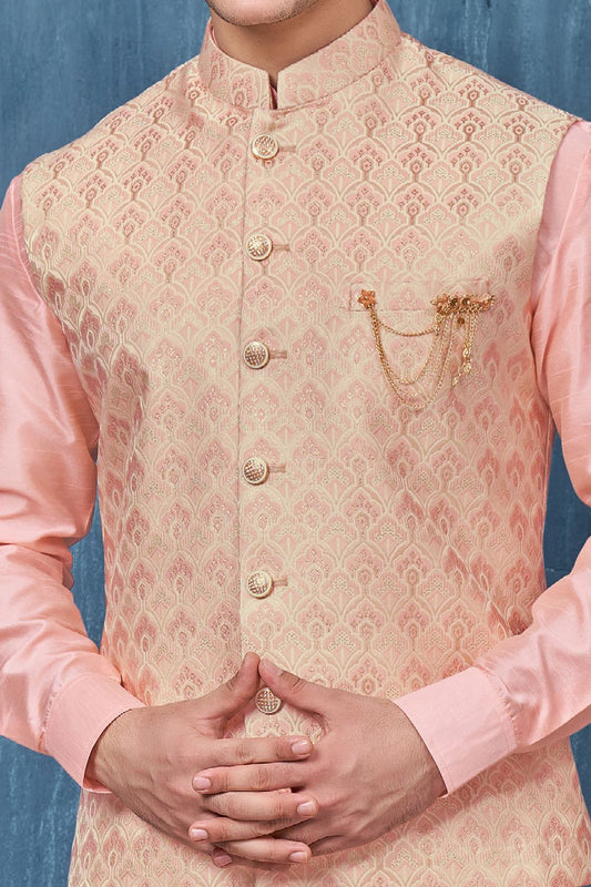 Pink Jaquard Mens Nehru Jacket (NMK-7362) - Nihal Fashions