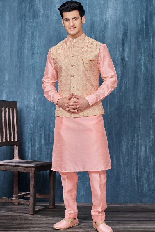 Pink Jaquard Mens Nehru Jacket (NMK-7362) - Nihal Fashions