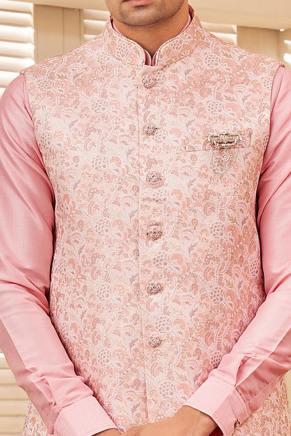 Pink Jaquard Semi Silk Brocade Nehru Jacket (NMK-8054) - Nihal Fashions