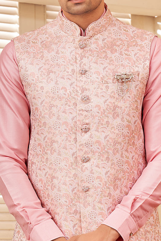 Pink Jaquard Semi Silk Brocade Nehru Jacket (NMK-8054) - Nihal Fashions