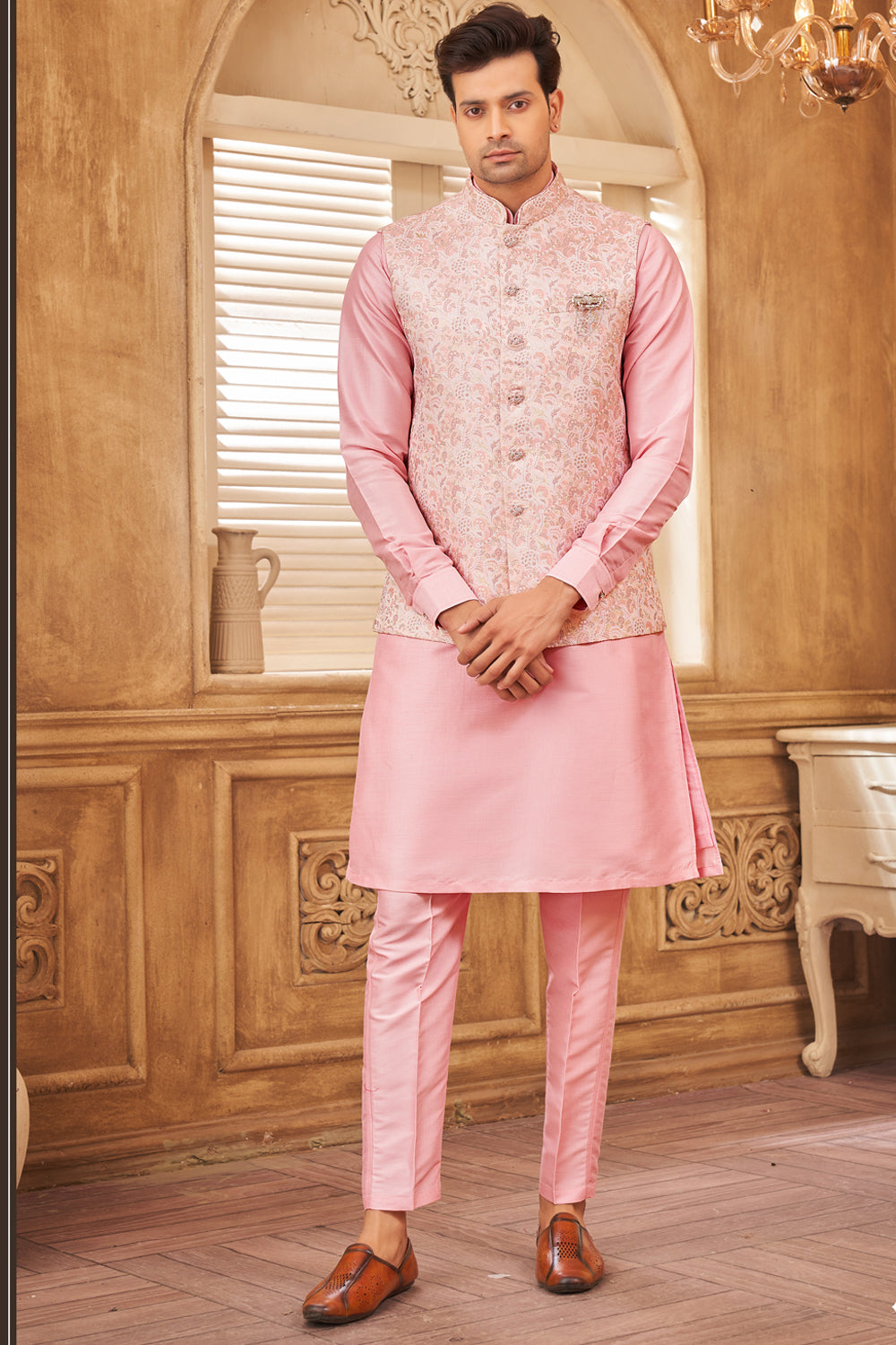 Pink Jaquard Semi Silk Brocade Nehru Jacket (NMK-8054) - Nihal Fashions