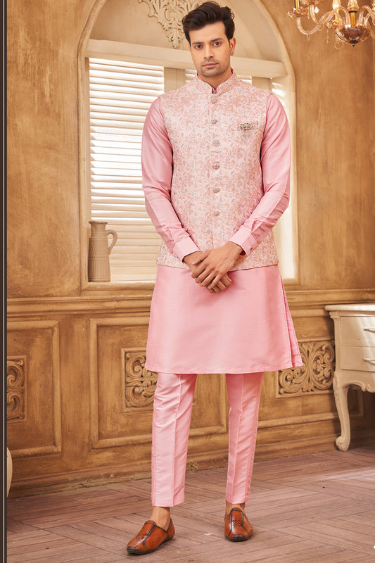 Pink Jaquard Semi Silk Brocade Nehru Jacket (NMK-8054) - Nihal Fashions
