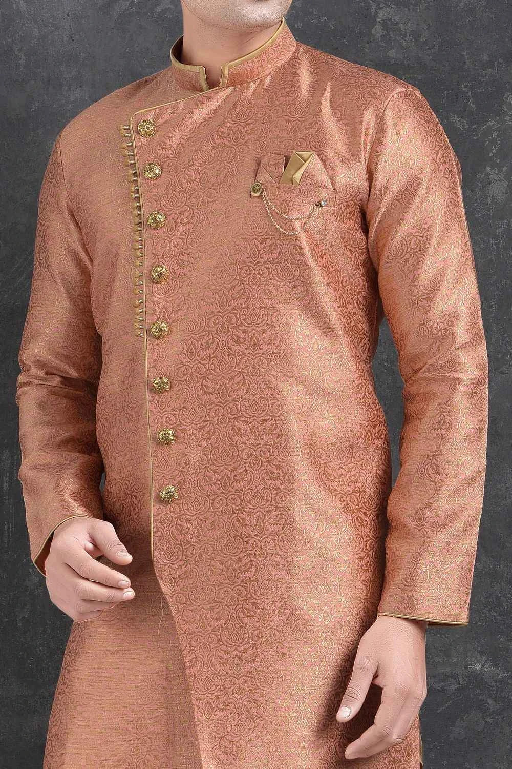 Pink Jaquard Silk Brocade Mens Indo Western Kurta (NMK-4999)