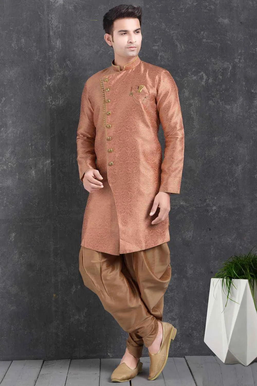 Pink Jaquard Silk Brocade Mens Indo Western Kurta (NMK-4999)