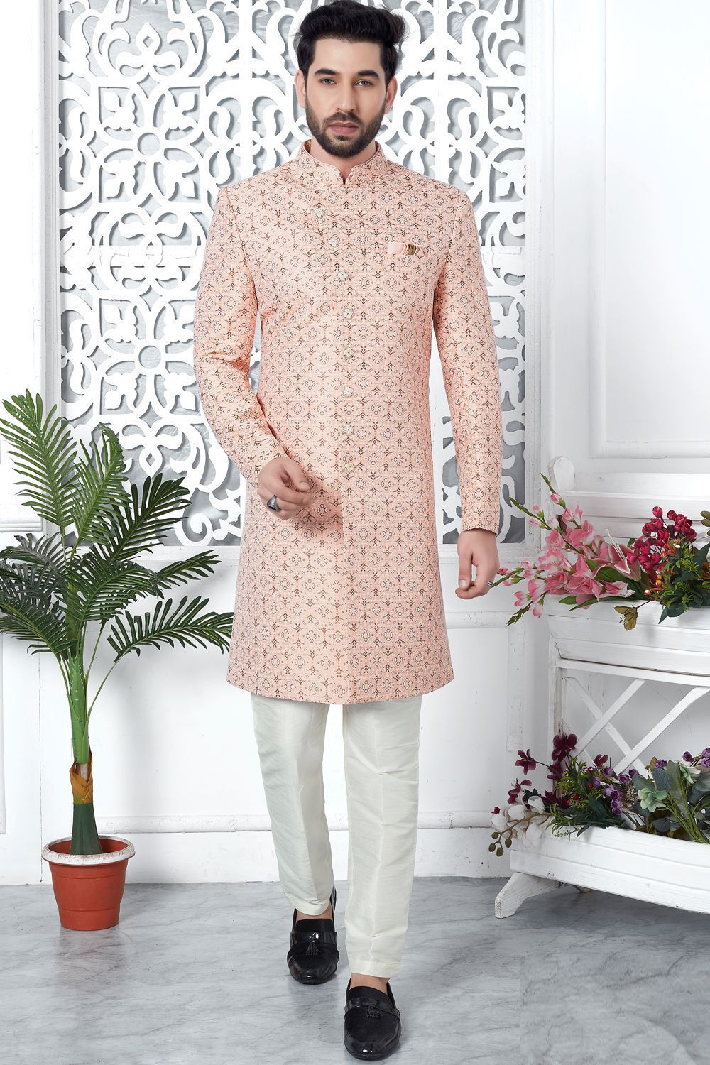 Pink Jaquard Silk Indo Western (NMK-7189) - Nihal Fashions