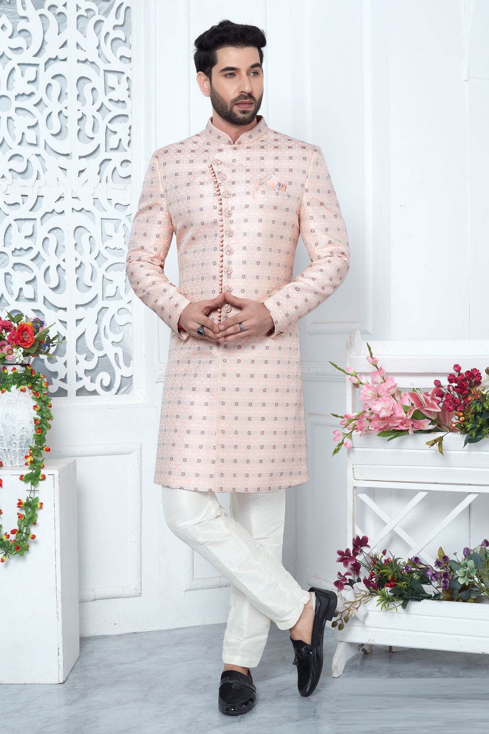 Pink Jaquard Silk Mens Indo Western (NMK-7192) - Nihal Fashions