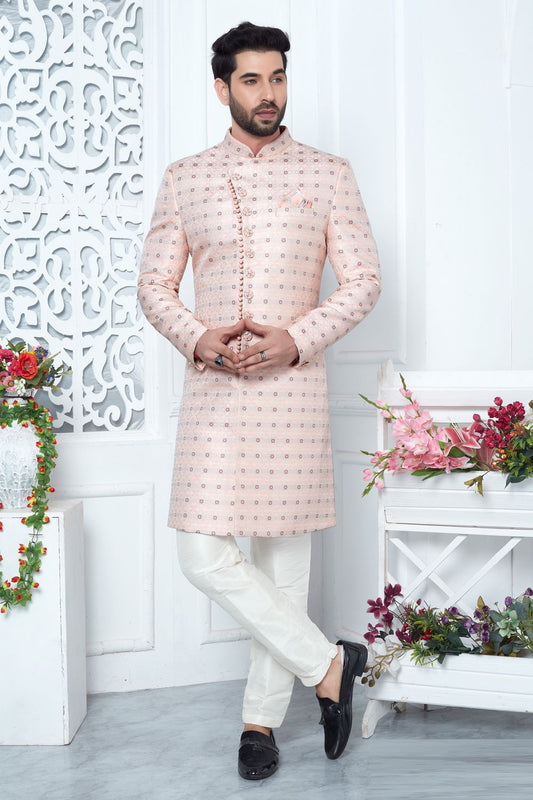 Pink Jaquard Silk Mens Indo Western (NMK-7192) - Nihal Fashions