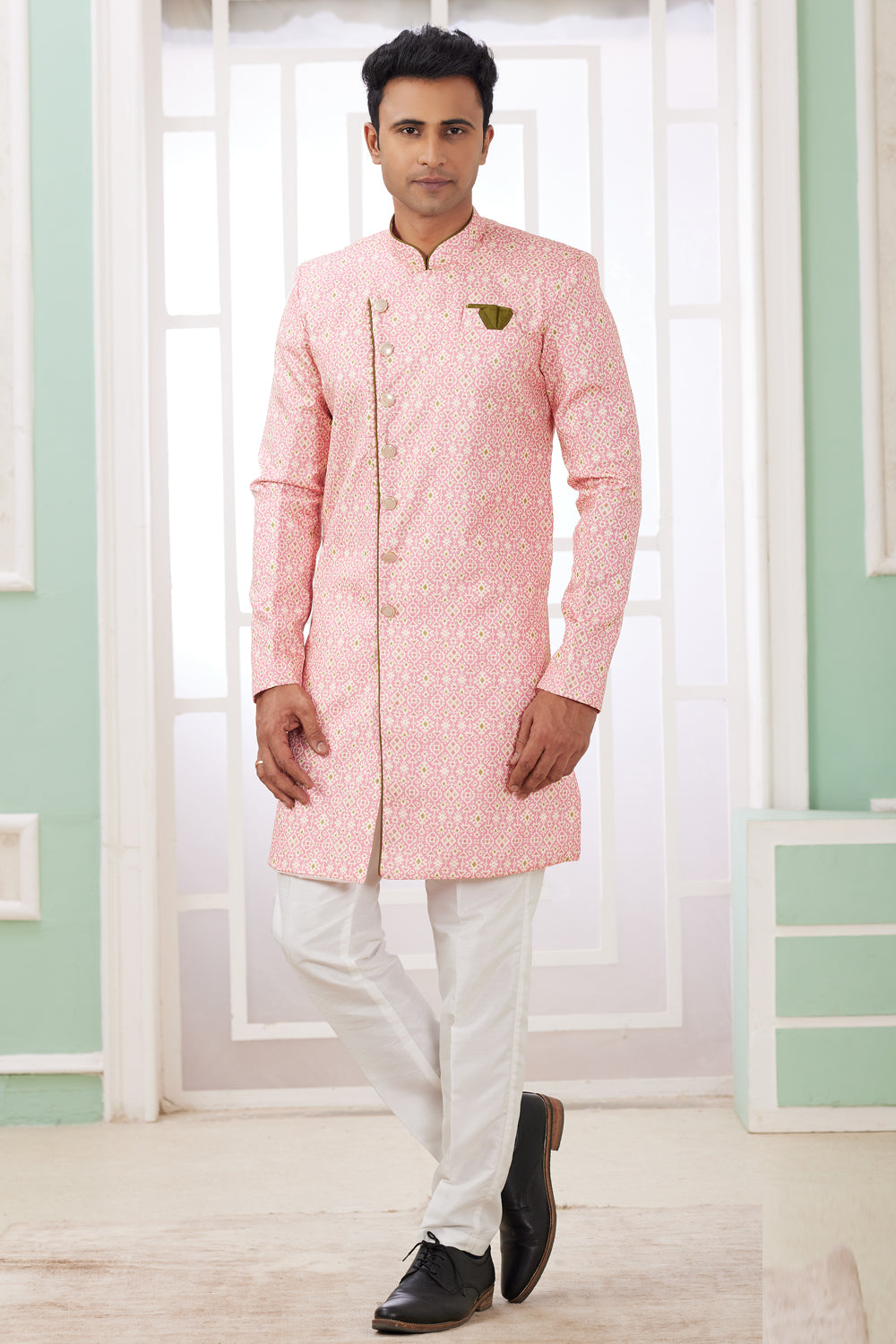 Pink Mens Banarasi Jaquard Indo Western (NMK-8595) - Nihal Fashions